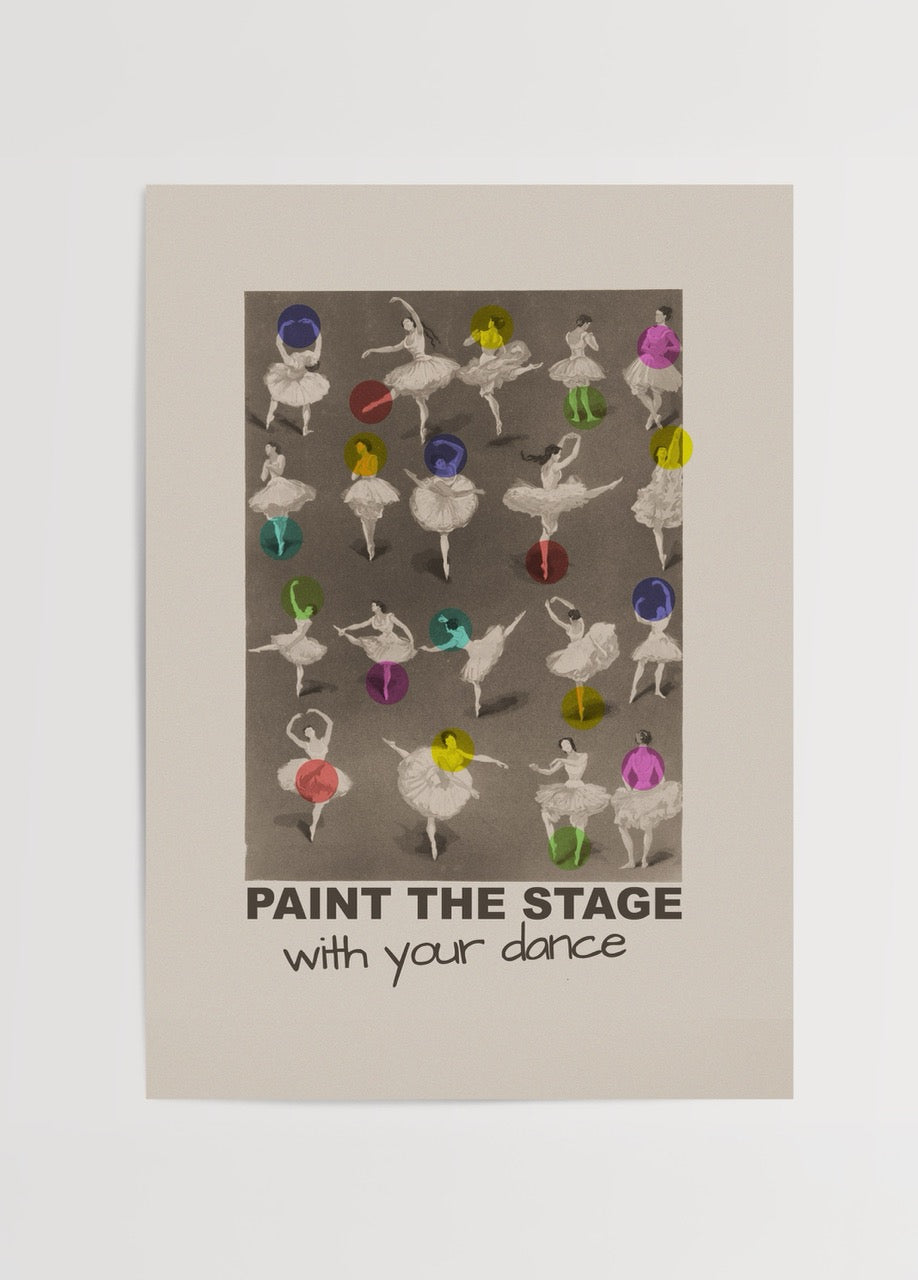 Vibrant dance-themed poster print featuring dancers with colorful accents.