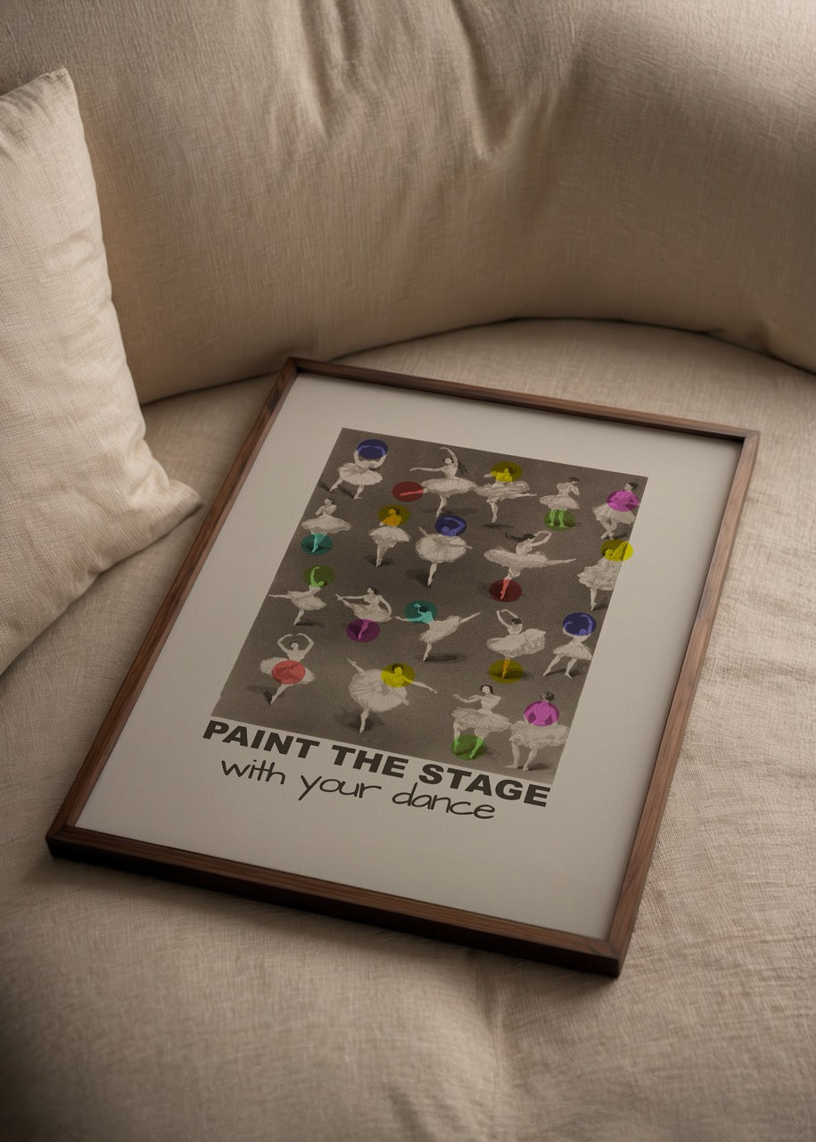 Vibrant dance-themed poster print featuring dancers with colorful accents.