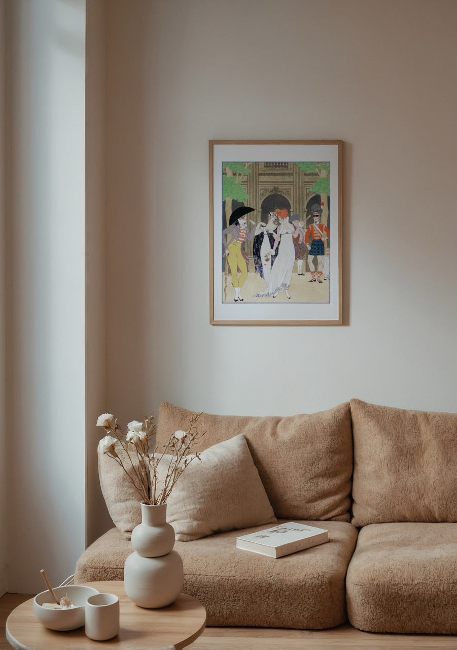 A vibrant art print featuring figures in elegant attire at Palais Royal, showcasing celebration and sophistication.