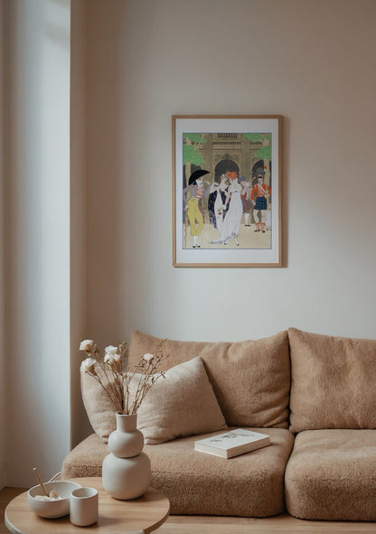 A vibrant art print featuring figures in elegant attire at Palais Royal, showcasing celebration and sophistication.
