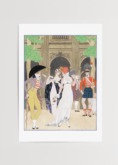 A vibrant art print featuring figures in elegant attire at Palais Royal, showcasing celebration and sophistication.