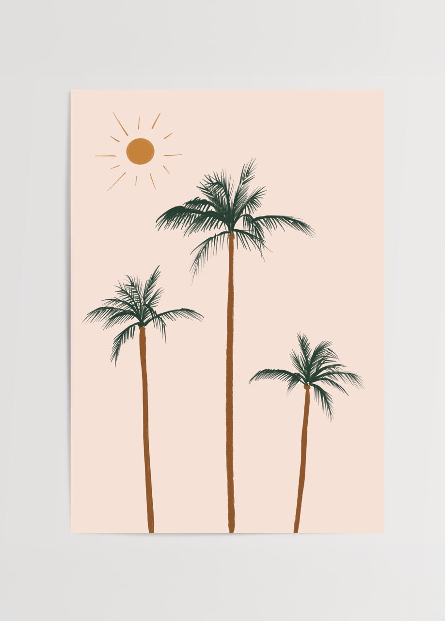 Minimalist art print featuring palm trees and a sun on a pastel background.