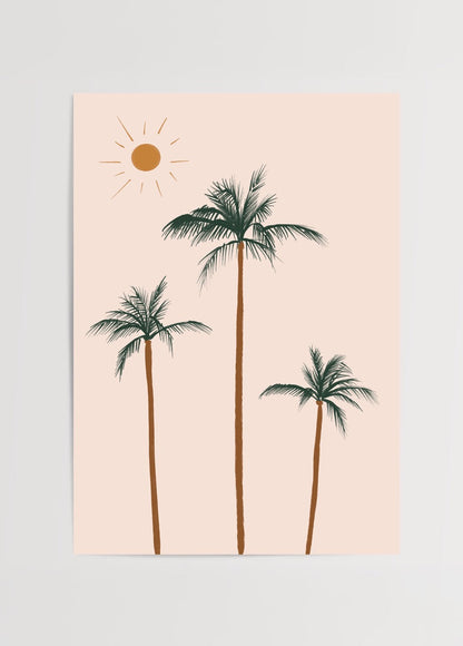 Minimalist art print featuring palm trees and a sun on a pastel background.