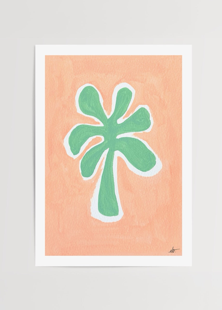 Palm – Pastel Series Poster Print featuring a green palm silhouette on a coral background.