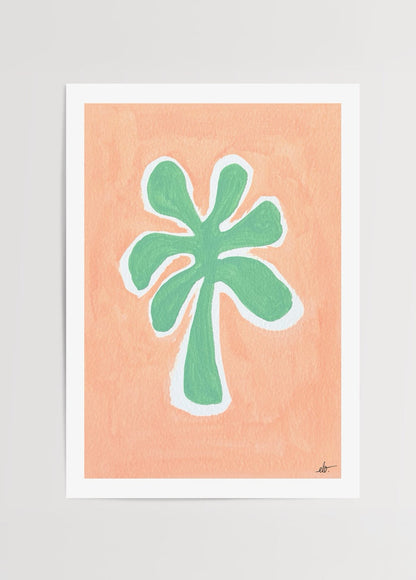 Palm – Pastel Series Poster Print featuring a green palm silhouette on a coral background.