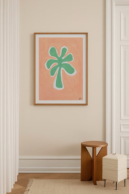Palm – Pastel Series Poster Print featuring a green palm silhouette on a coral background.