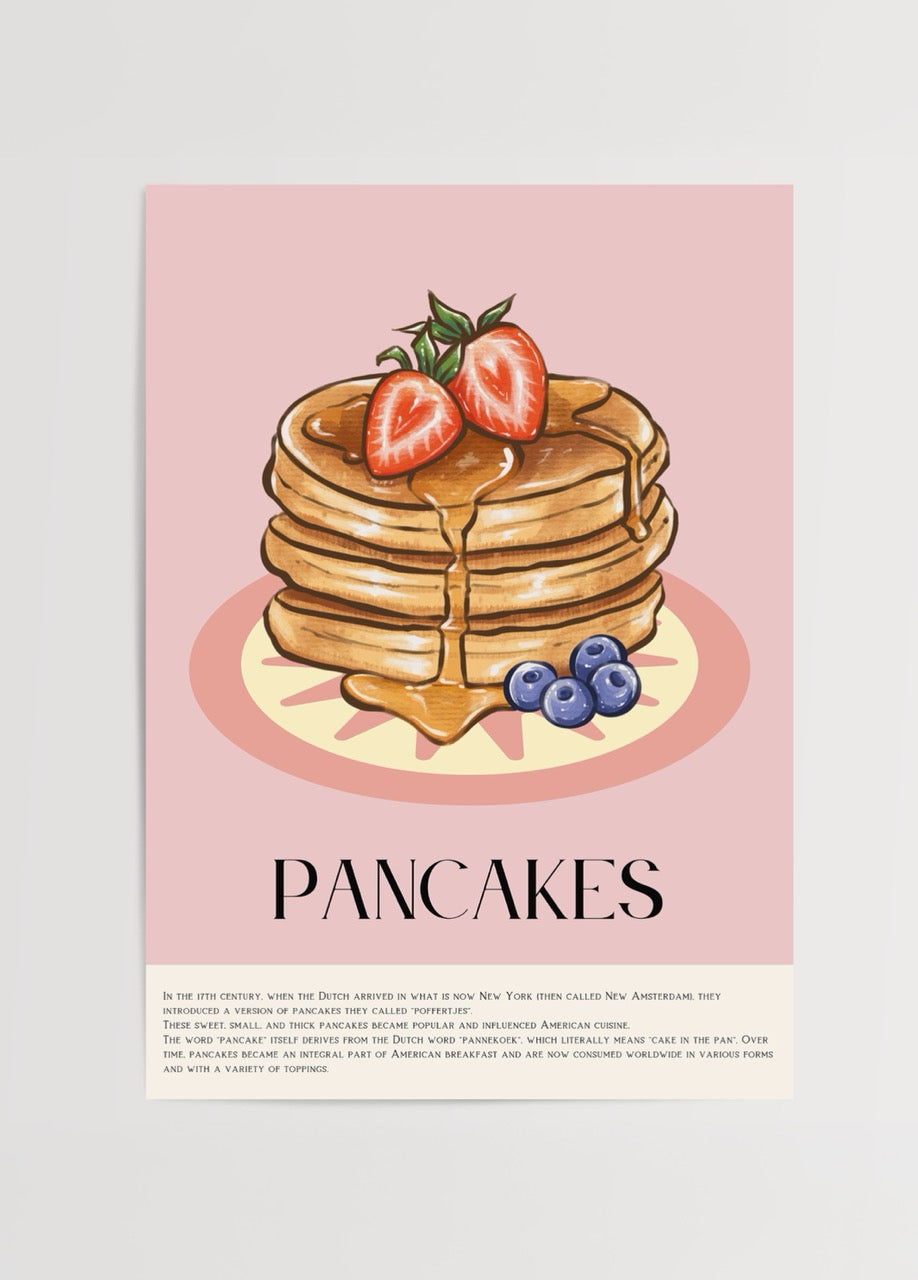 Delightful art print featuring stacked pancakes with strawberries and blueberries on a pink background.
