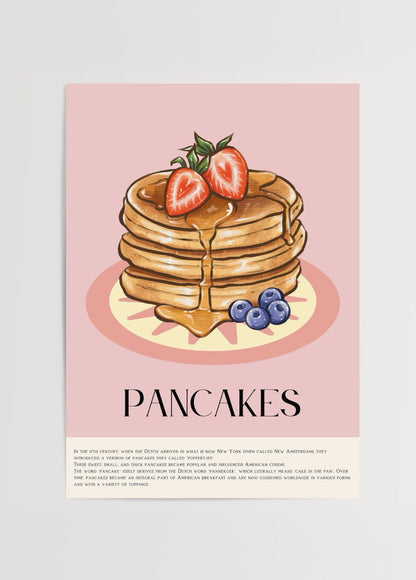 Delightful art print featuring stacked pancakes with strawberries and blueberries on a pink background.