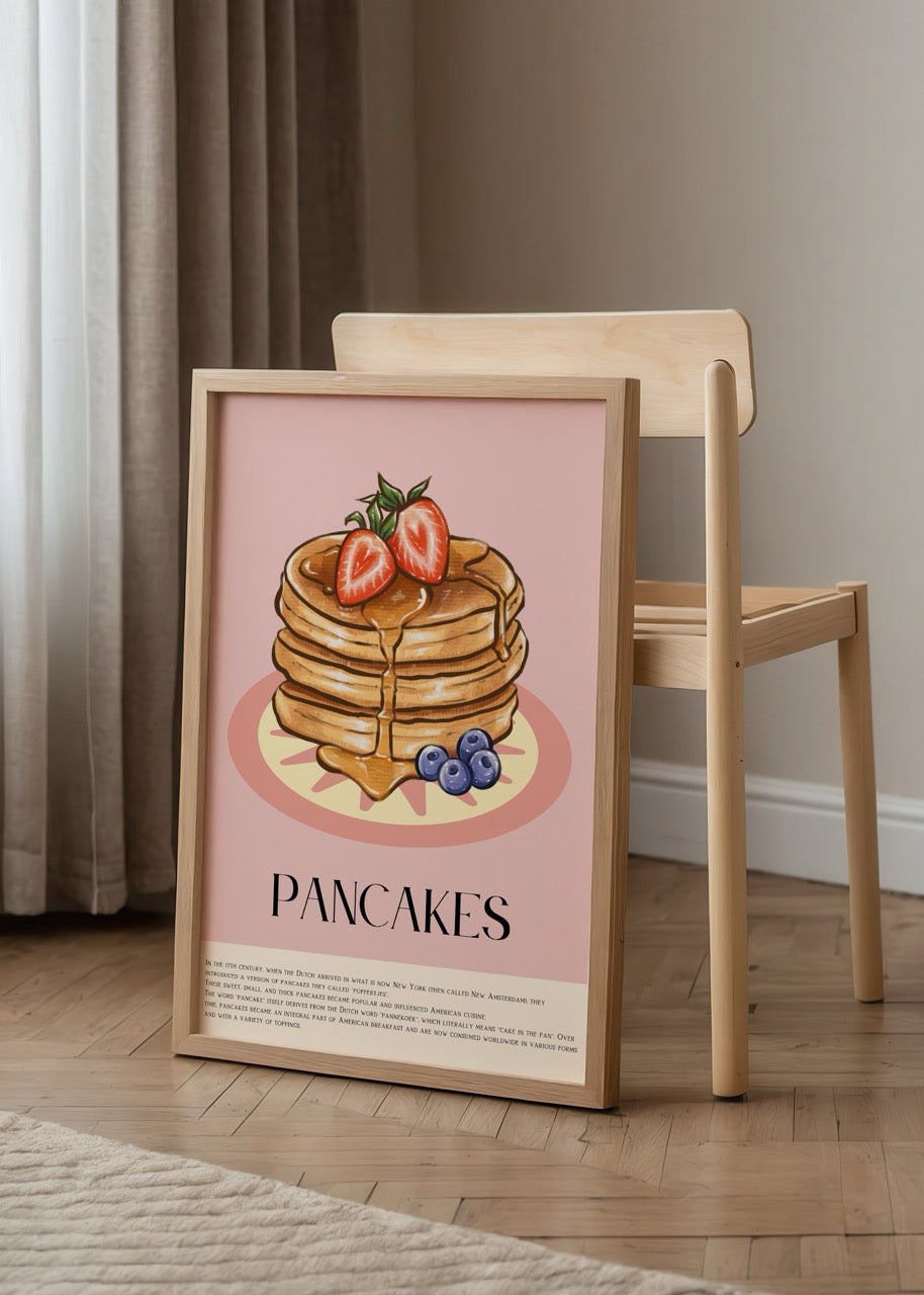 Delightful art print featuring stacked pancakes with strawberries and blueberries on a pink background.
