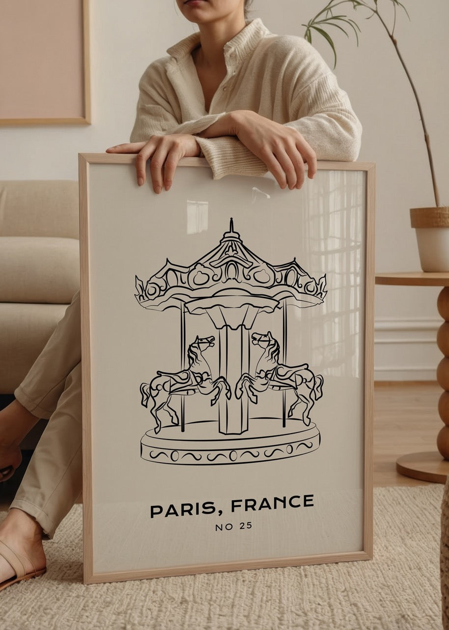Elegant line art of a Paris carousel, perfect for wall decor.