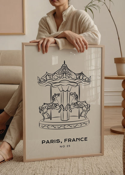 Elegant line art of a Paris carousel, perfect for wall decor.