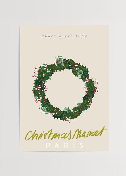 Festive illustration of a Christmas wreath with berries on a beige background.