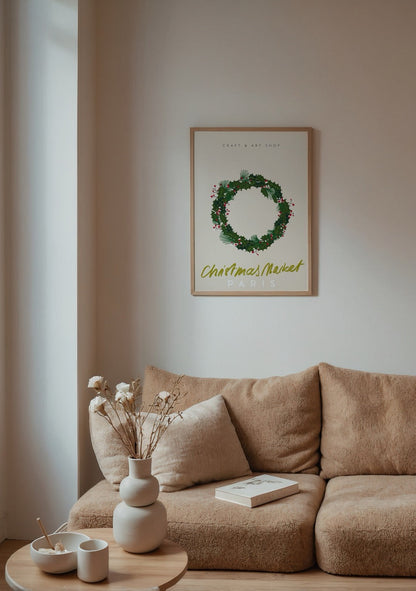 Festive illustration of a Christmas wreath with berries on a beige background.