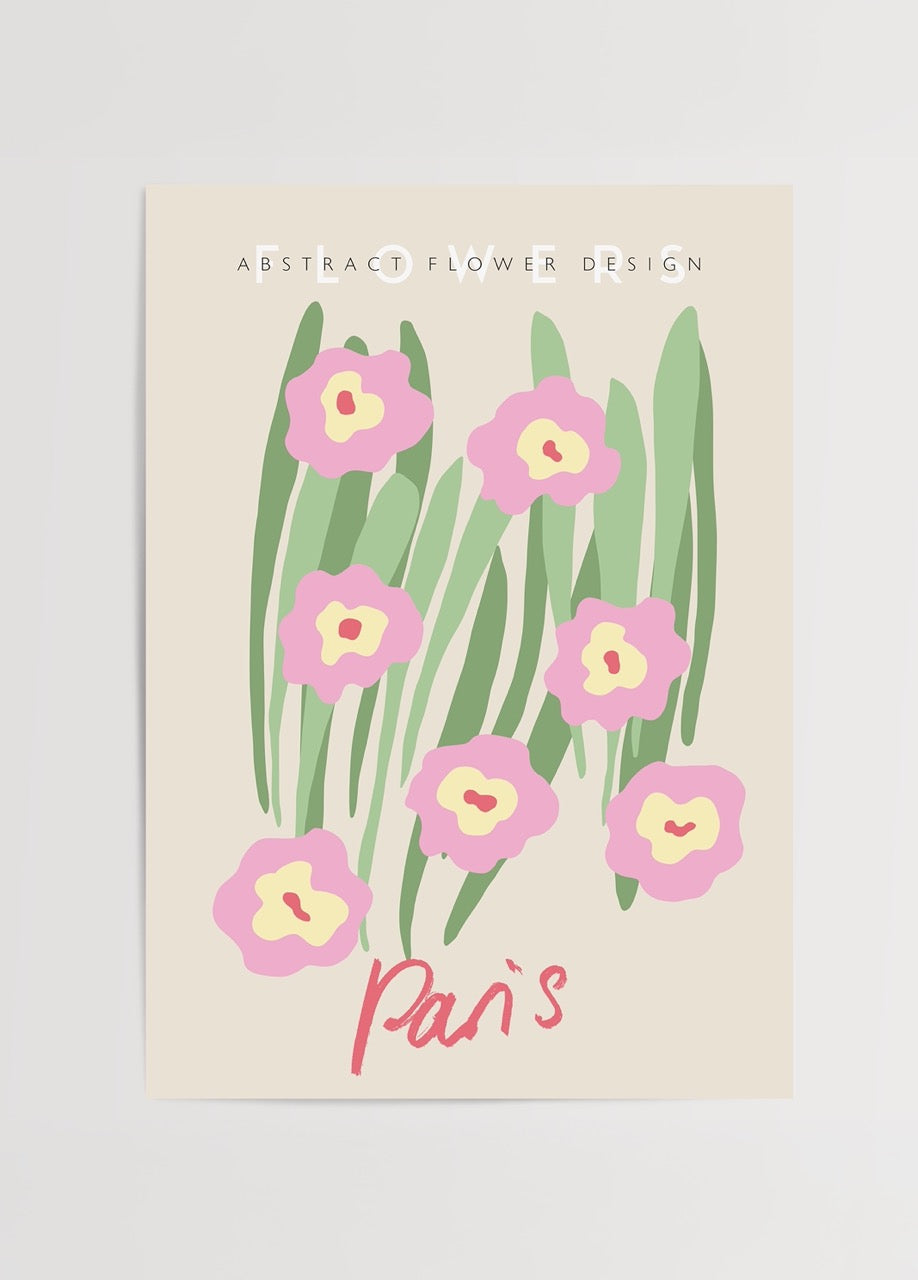 Floral illustration poster featuring pink flowers and green leaves with the word Paris.