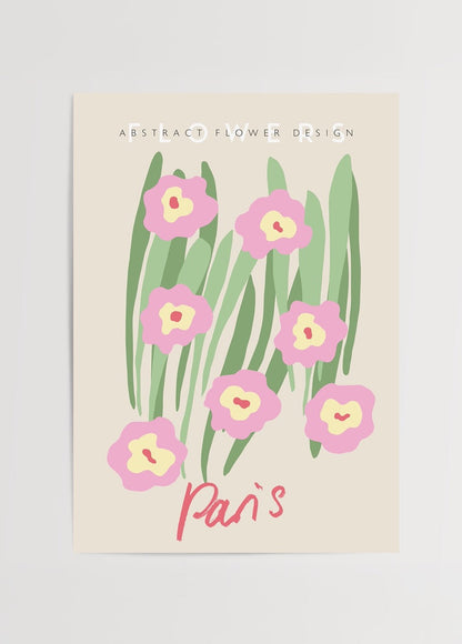 Floral illustration poster featuring pink flowers and green leaves with the word Paris.