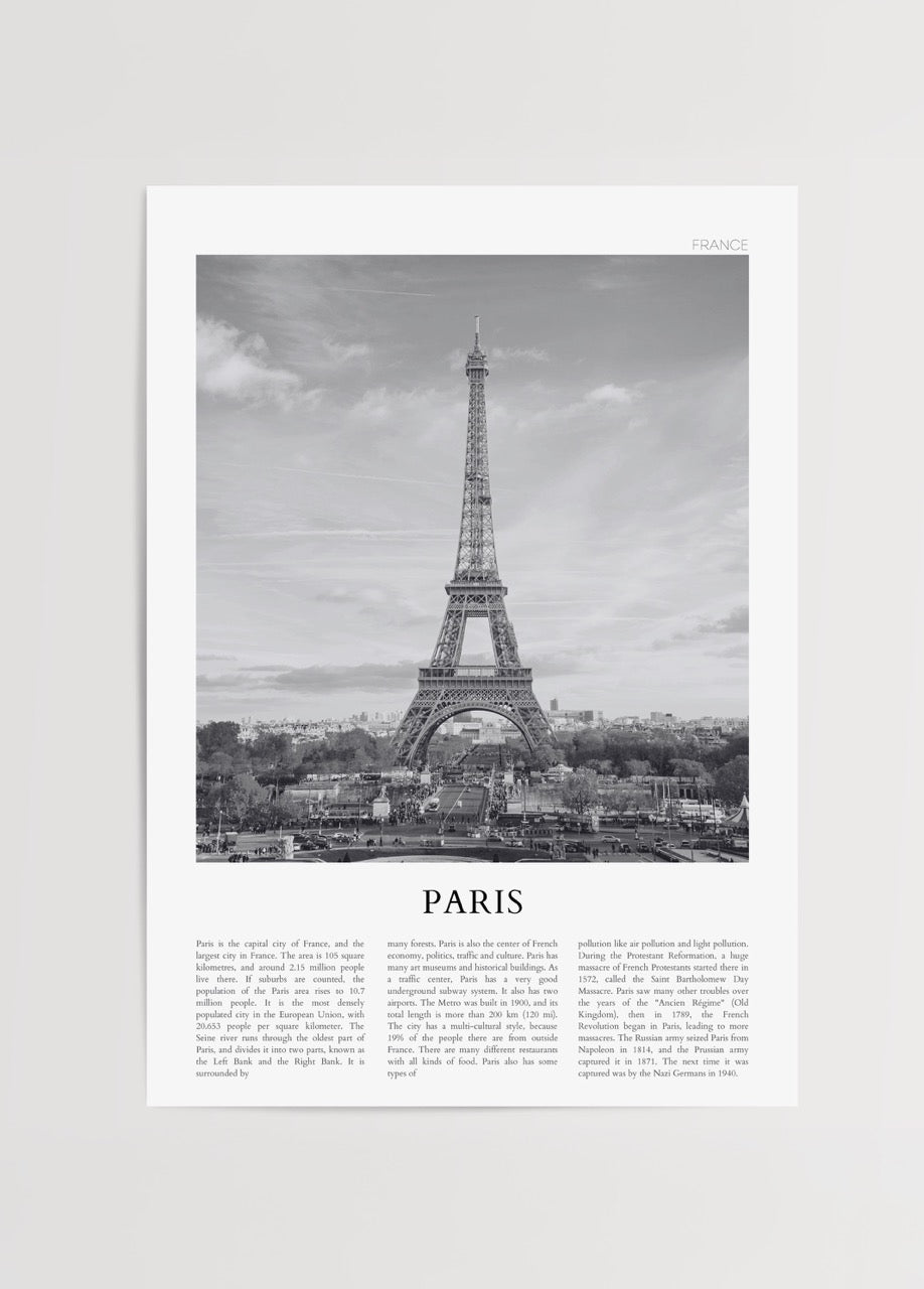 Elegant black and white print of the Eiffel Tower in Paris.