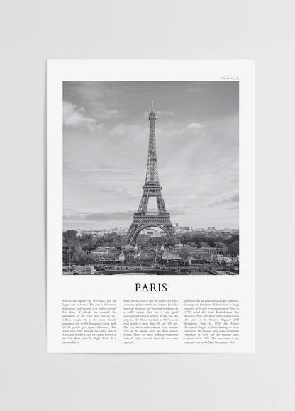 Elegant black and white print of the Eiffel Tower in Paris.