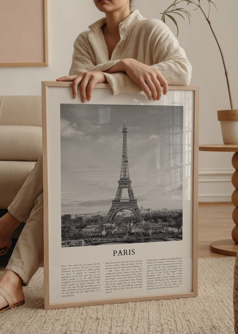 Elegant black and white print of the Eiffel Tower in Paris.