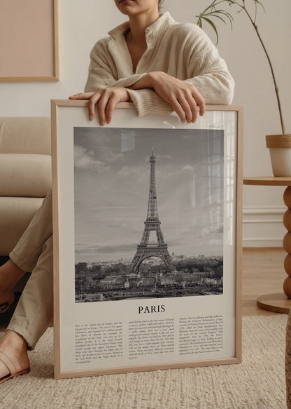 Elegant black and white print of the Eiffel Tower in Paris.