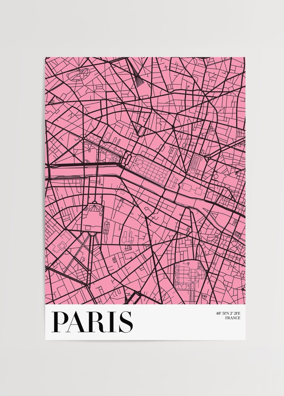 Stylish pink and black map print of Paris, ideal for modern decor.