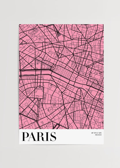 Stylish pink and black map print of Paris, ideal for modern decor.