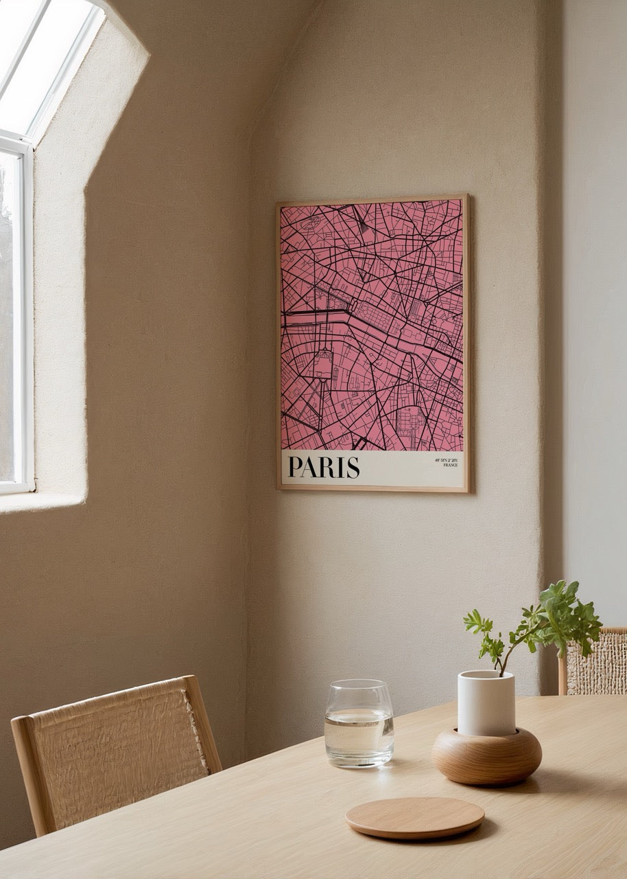 Stylish pink and black map print of Paris, ideal for modern decor.