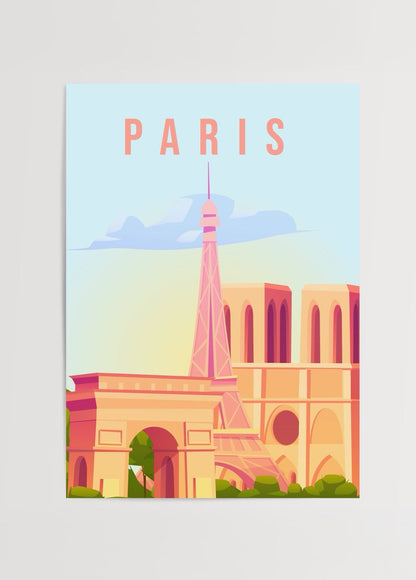 Vibrant illustration of Parisian landmarks including the Eiffel Tower.