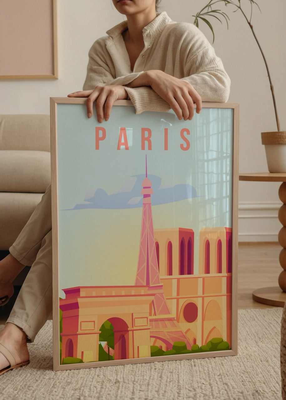 Vibrant illustration of Parisian landmarks including the Eiffel Tower.