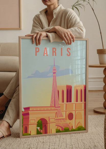 Vibrant illustration of Parisian landmarks including the Eiffel Tower.