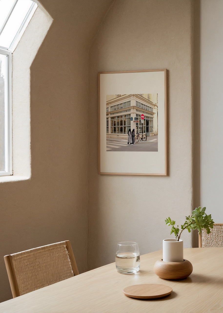Paris Corner Photo Poster Print showcasing a bustling street scene in soft tones.