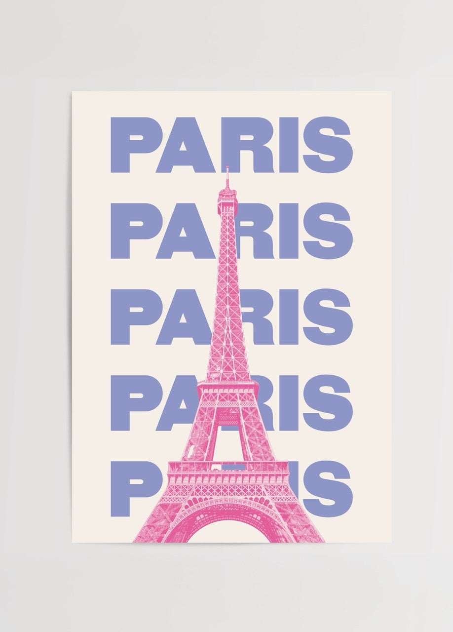 Eiffel Tower poster art featuring bold typography and vibrant colors.
