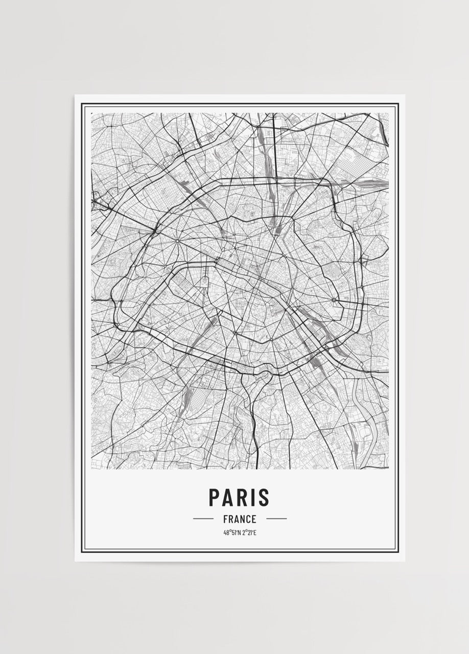 Detailed elegant map of Paris, France in black and white.
