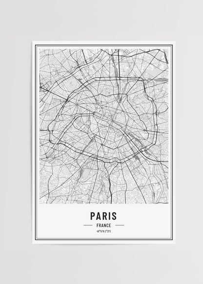Detailed elegant map of Paris, France in black and white.