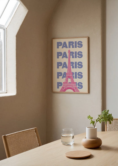 Eiffel Tower poster art featuring bold typography and vibrant colors.