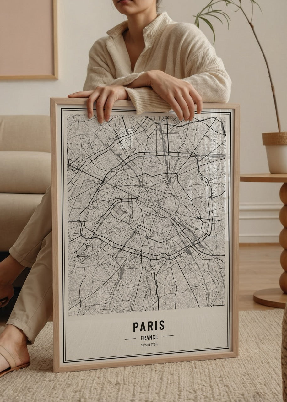 Detailed elegant map of Paris, France in black and white.