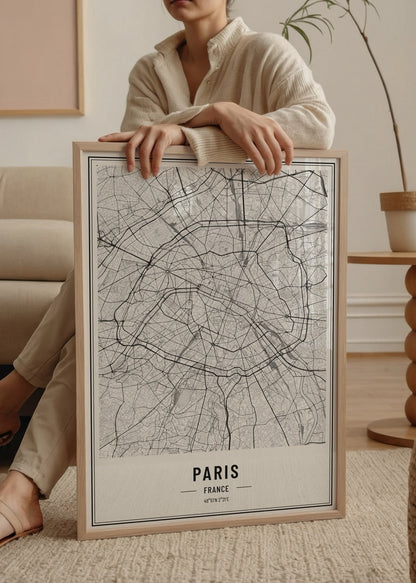 Detailed elegant map of Paris, France in black and white.