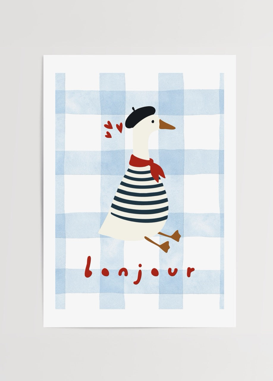 A charming poster print of a goose in Parisian attire against a checked background.