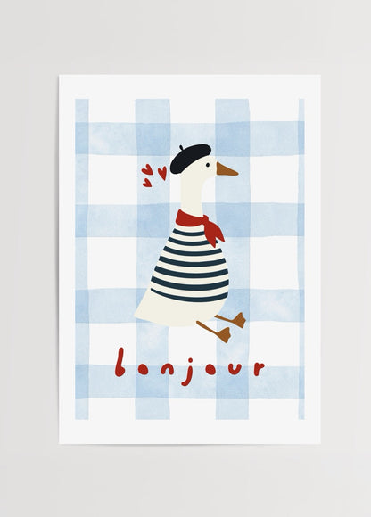 A charming poster print of a goose in Parisian attire against a checked background.