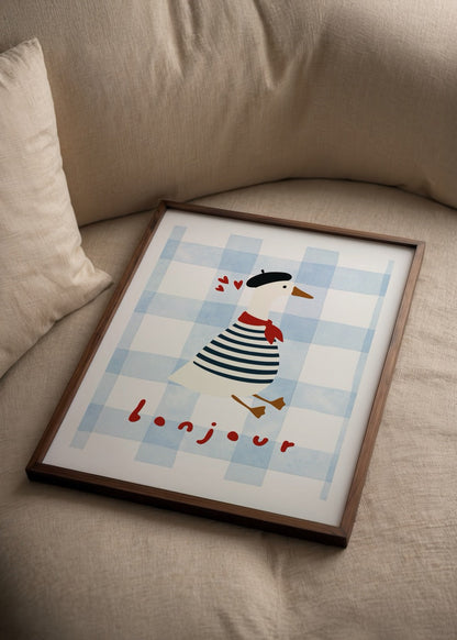 A charming poster print of a goose in Parisian attire against a checked background.