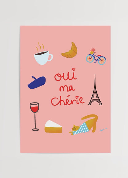 Whimsical Parisienne poster featuring French icons on a pink background.