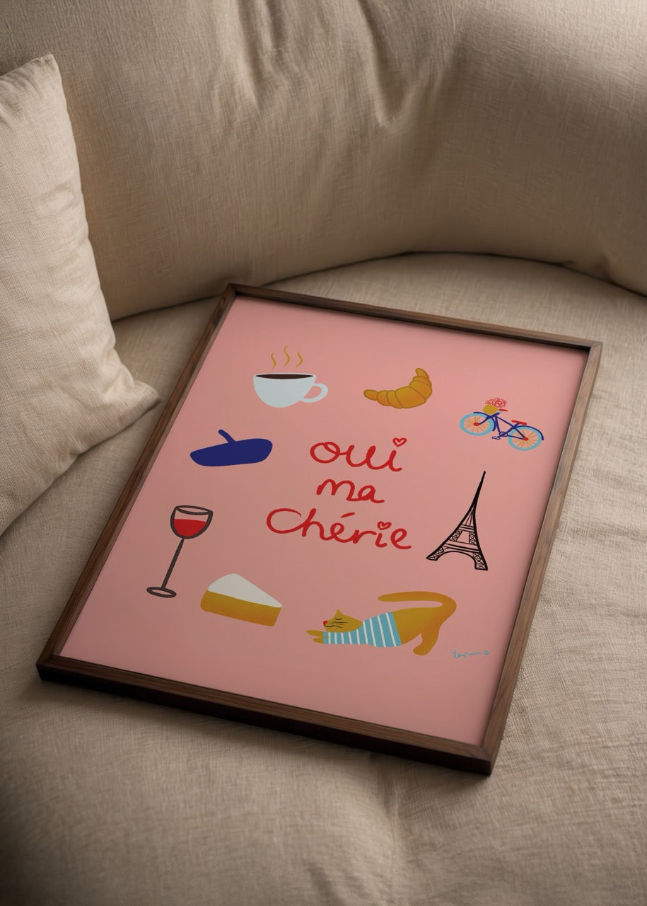Whimsical Parisienne poster featuring French icons on a pink background.