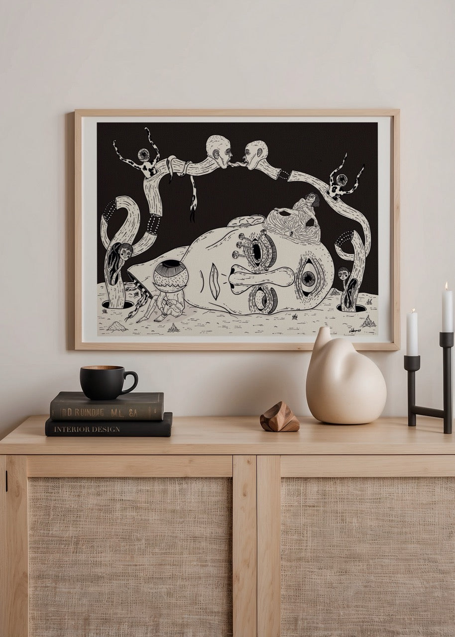 Whimsical black and white wall art featuring surreal elements and imaginative design.