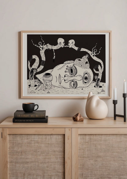 Whimsical black and white wall art featuring surreal elements and imaginative design.