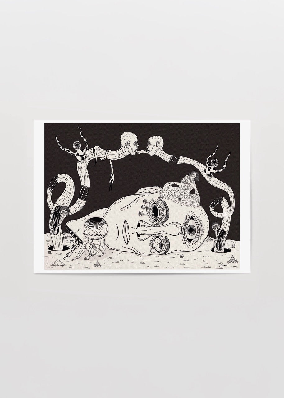 Whimsical black and white wall art featuring surreal elements and imaginative design.