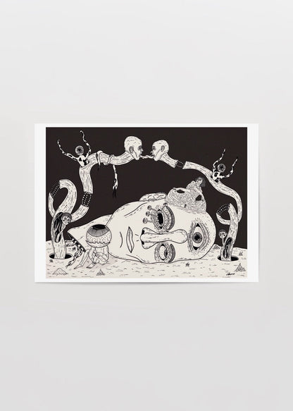 Whimsical black and white wall art featuring surreal elements and imaginative design.