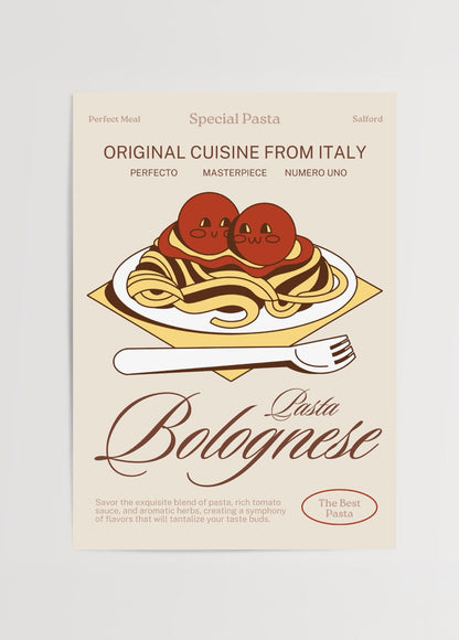 Illustrative wall art of Pasta Bolognese, featuring vibrant pasta and tomato design.