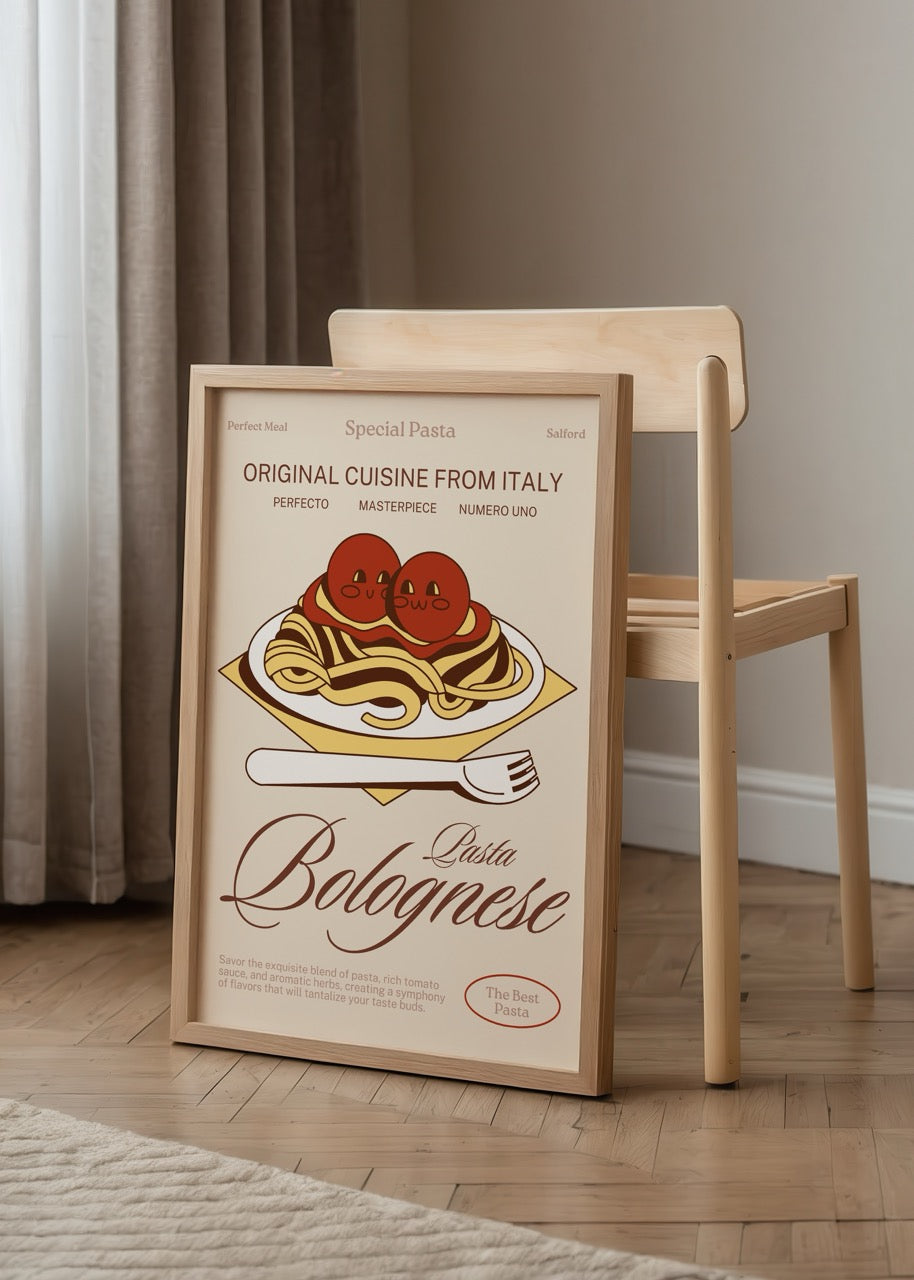 Illustrative wall art of Pasta Bolognese, featuring vibrant pasta and tomato design.