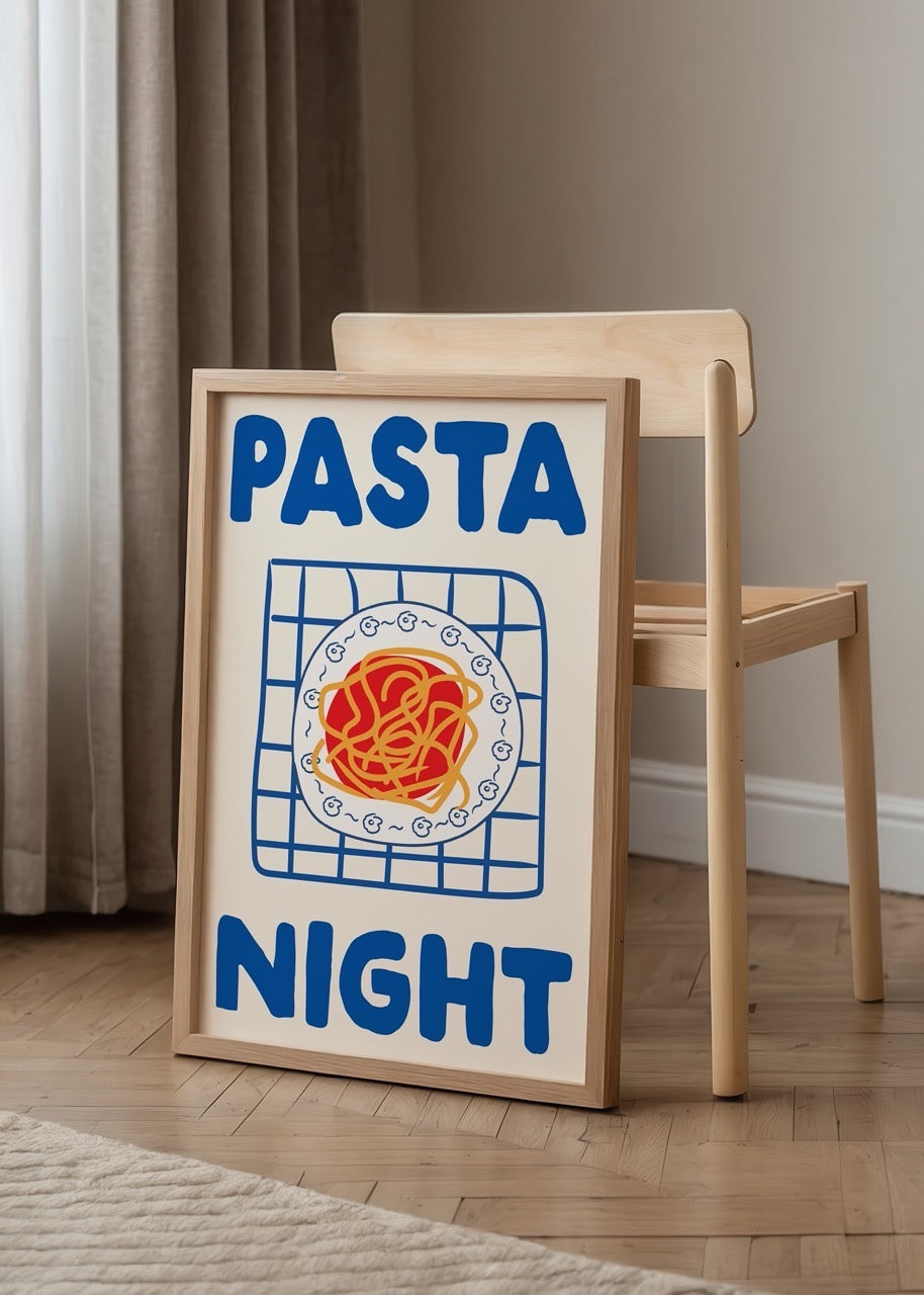 Vibrant art print featuring a bowl of spaghetti on a grid background for Pasta Night.