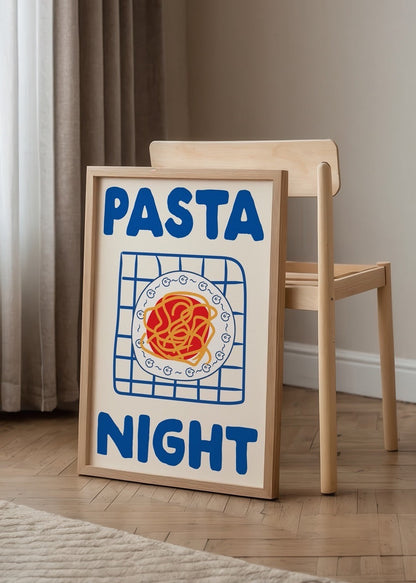 Vibrant art print featuring a bowl of spaghetti on a grid background for Pasta Night.