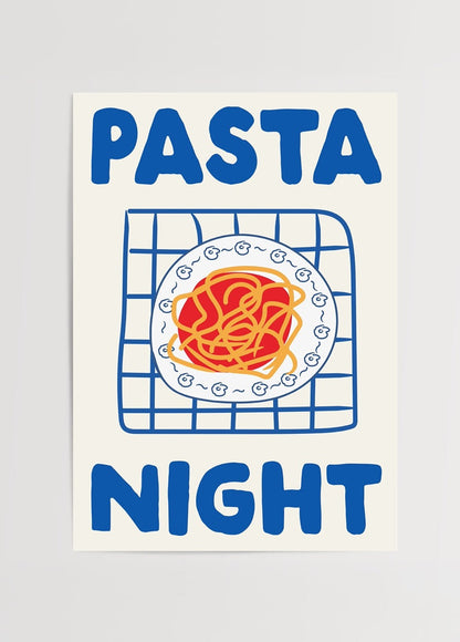 Vibrant art print featuring a bowl of spaghetti on a grid background for Pasta Night.